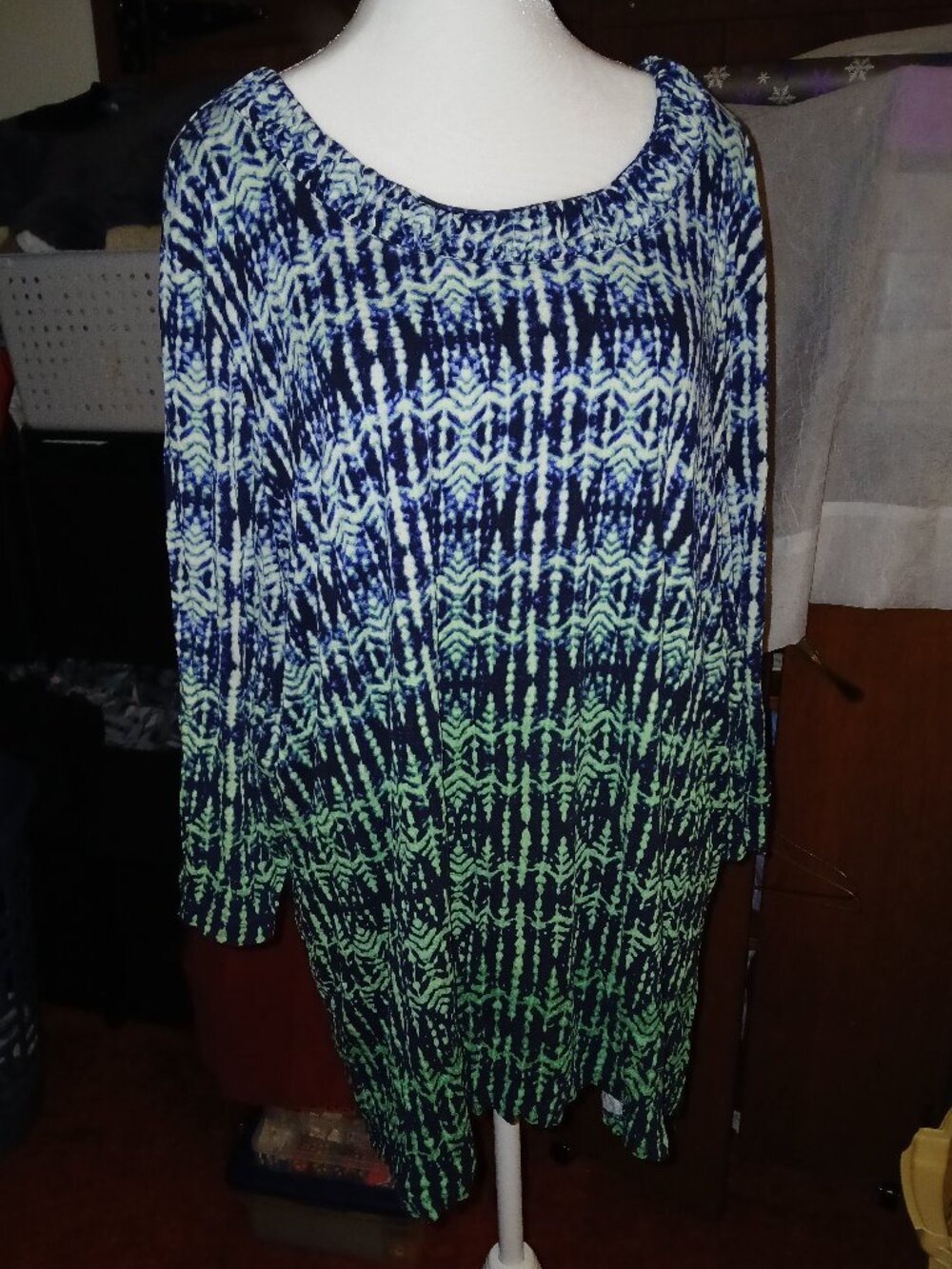 CJ Banks Women Plus 3X Blue & Green Patterned 3/4 Sleeve Patterned Blouse Top